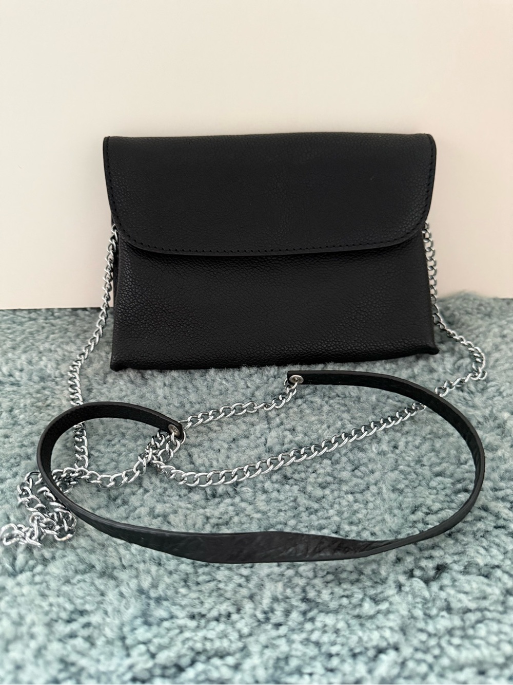 Minimal Black Leather Crossbody with Silver Chain Strap